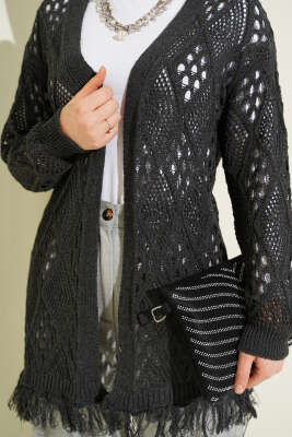 Püsküllü Baklava Desen Ajurlu Hırka Füme - Hırka