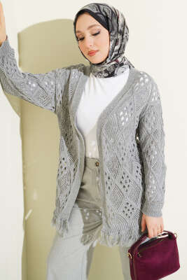 Püsküllü Baklava Desen Ajurlu Hırka Gri - RAFİMİX