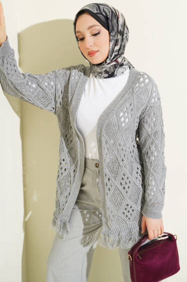 Püsküllü Baklava Desen Ajurlu Hırka Gri - Hırka