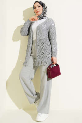 Püsküllü Baklava Desen Ajurlu Hırka Gri - Hırka