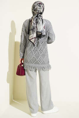 Püsküllü Baklava Desen Ajurlu Hırka Gri - Hırka