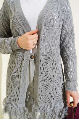 Püsküllü Baklava Desen Ajurlu Hırka Gri - Hırka