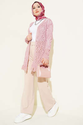 Püsküllü Baklava Desen Ajurlu Hırka Gül Kurusu - Hırka