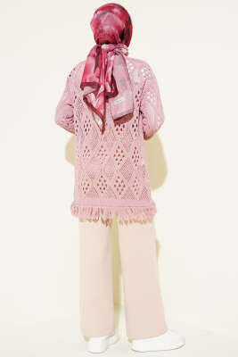 Püsküllü Baklava Desen Ajurlu Hırka Gül Kurusu - Hırka