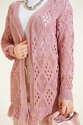 Püsküllü Baklava Desen Ajurlu Hırka Gül Kurusu - Hırka