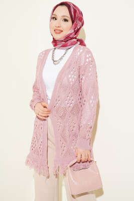 Püsküllü Baklava Desen Ajurlu Hırka Gül Kurusu - RAFİMİX