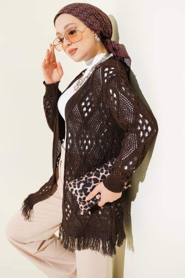 Püsküllü Baklava Desen Ajurlu Hırka Kahve - Hırka