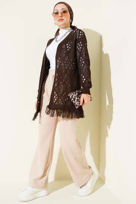 Püsküllü Baklava Desen Ajurlu Hırka Kahve - Hırka