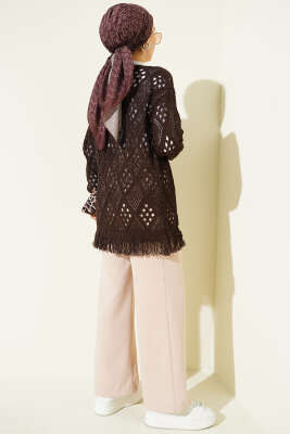 Püsküllü Baklava Desen Ajurlu Hırka Kahve - Hırka