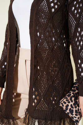 Püsküllü Baklava Desen Ajurlu Hırka Kahve - Hırka