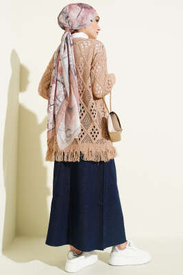 Püsküllü Baklava Desen Ajurlu Hırka Latte - Hırka