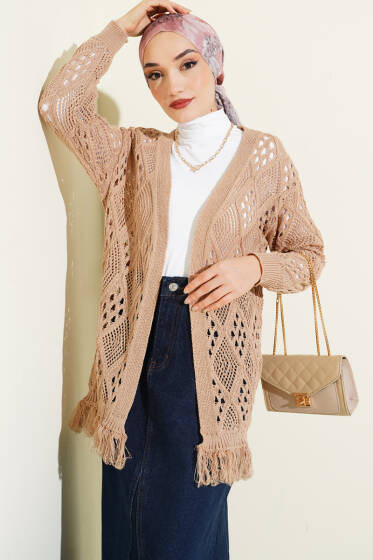 Püsküllü Baklava Desen Ajurlu Hırka Latte - Yılın Fırsatı