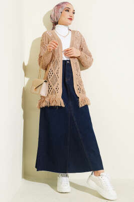 Püsküllü Baklava Desen Ajurlu Hırka Latte - Yılın Fırsatı