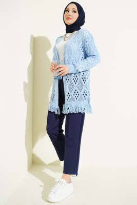 Püsküllü Baklava Desen Ajurlu Hırka Mavi - Hırka