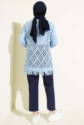 Püsküllü Baklava Desen Ajurlu Hırka Mavi - Hırka