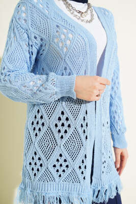 Püsküllü Baklava Desen Ajurlu Hırka Mavi - Hırka