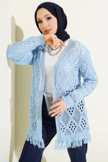 Püsküllü Baklava Desen Ajurlu Hırka Mavi - Yılın Fırsatı