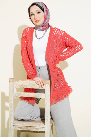 Püsküllü Baklava Desen Ajurlu Hırka Mercan - Hırka