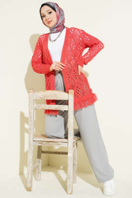 Püsküllü Baklava Desen Ajurlu Hırka Mercan - Hırka