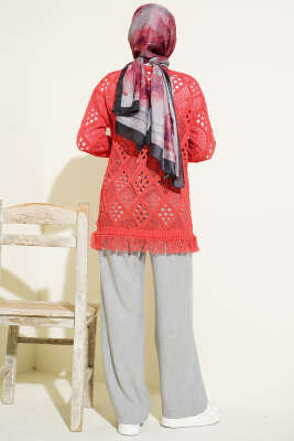 Püsküllü Baklava Desen Ajurlu Hırka Mercan - Hırka