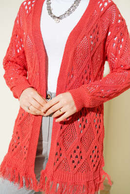 Püsküllü Baklava Desen Ajurlu Hırka Mercan - Hırka