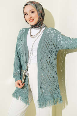 Püsküllü Baklava Desen Ajurlu Hırka Mint - RAFİMİX