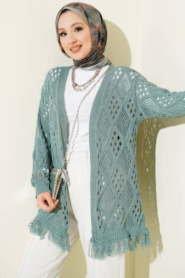 Püsküllü Baklava Desen Ajurlu Hırka Mint - Hırka