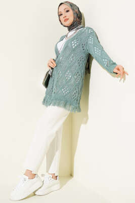 Püsküllü Baklava Desen Ajurlu Hırka Mint - Hırka