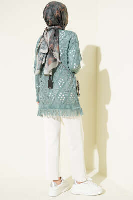 Püsküllü Baklava Desen Ajurlu Hırka Mint - Hırka