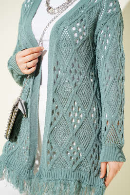 Püsküllü Baklava Desen Ajurlu Hırka Mint - Hırka