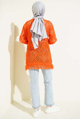 Püsküllü Baklava Desen Ajurlu Hırka Oranj - Hırka