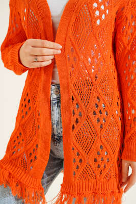 Püsküllü Baklava Desen Ajurlu Hırka Oranj - Hırka