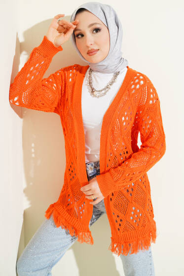 Püsküllü Baklava Desen Ajurlu Hırka Oranj - Yılın Fırsatı