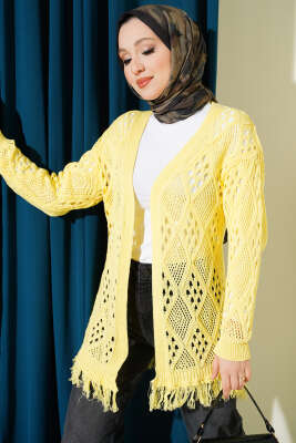 Püsküllü Baklava Desen Ajurlu Hırka Sarı - RAFİMİX