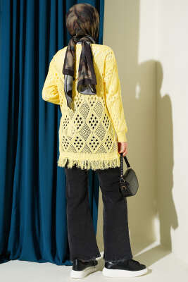 Püsküllü Baklava Desen Ajurlu Hırka Sarı - Hırka