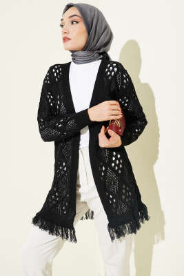 Püsküllü Baklava Desen Ajurlu Hırka Siyah - RAFİMİX