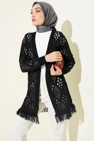 Püsküllü Baklava Desen Ajurlu Hırka Siyah - Hırka