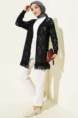 Püsküllü Baklava Desen Ajurlu Hırka Siyah - Hırka