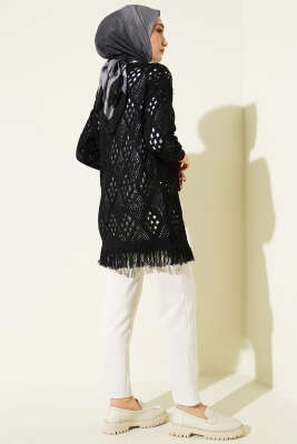 Püsküllü Baklava Desen Ajurlu Hırka Siyah - Hırka