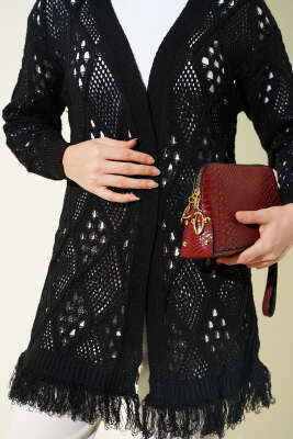 Püsküllü Baklava Desen Ajurlu Hırka Siyah - Hırka