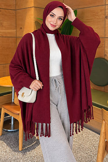 Püsküllü Basic Omuz Şalı Bordo - Omuz Şalı