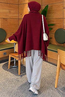 Püsküllü Basic Omuz Şalı Bordo - Omuz Şalı