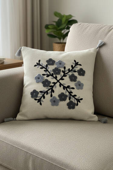 Püsküllü Bohem Tarz Punch İşlemeli Yastık Kılıfı Asorti 1 - Yastık Kılıfı