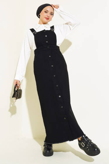 Püsküllü Boydan Düğmeli Kot Slopet Siyah - Tulum & Slopet