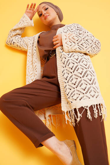 Püsküllü Dantel Hırka Bej - Hırka