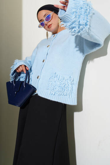 Püsküllü Düğme Detaylı Triko Hırka Mavi - Hırka