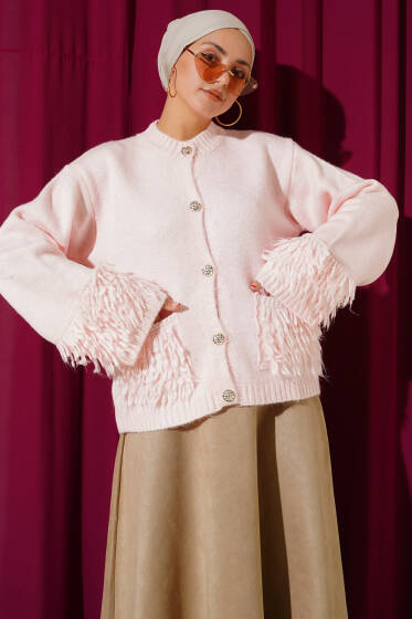 Püsküllü Düğme Detaylı Triko Hırka Pudra - Hırka
