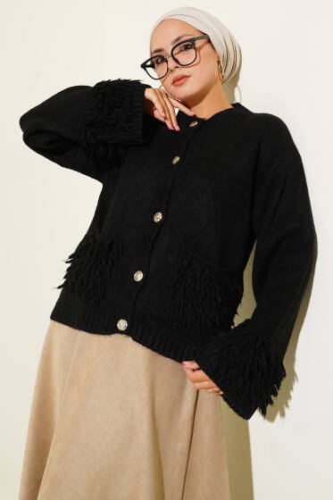 Püsküllü Düğme Detaylı Triko Hırka Siyah - Hırka