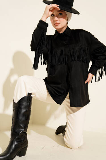 Püsküllü Düğmeli Süet Ceket Siyah - Ceket