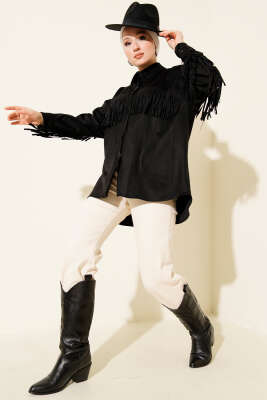 Püsküllü Düğmeli Süet Ceket Siyah - Ceket